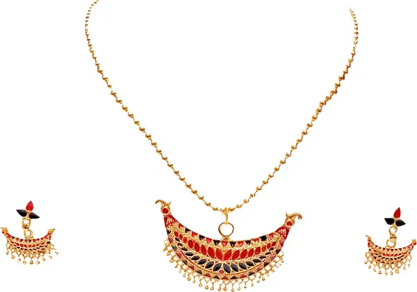 Assamese_Traditional_Gold_Plated_Red_Black_Colour_Joonbiri_Chain_Jewellery_Set_For_Women